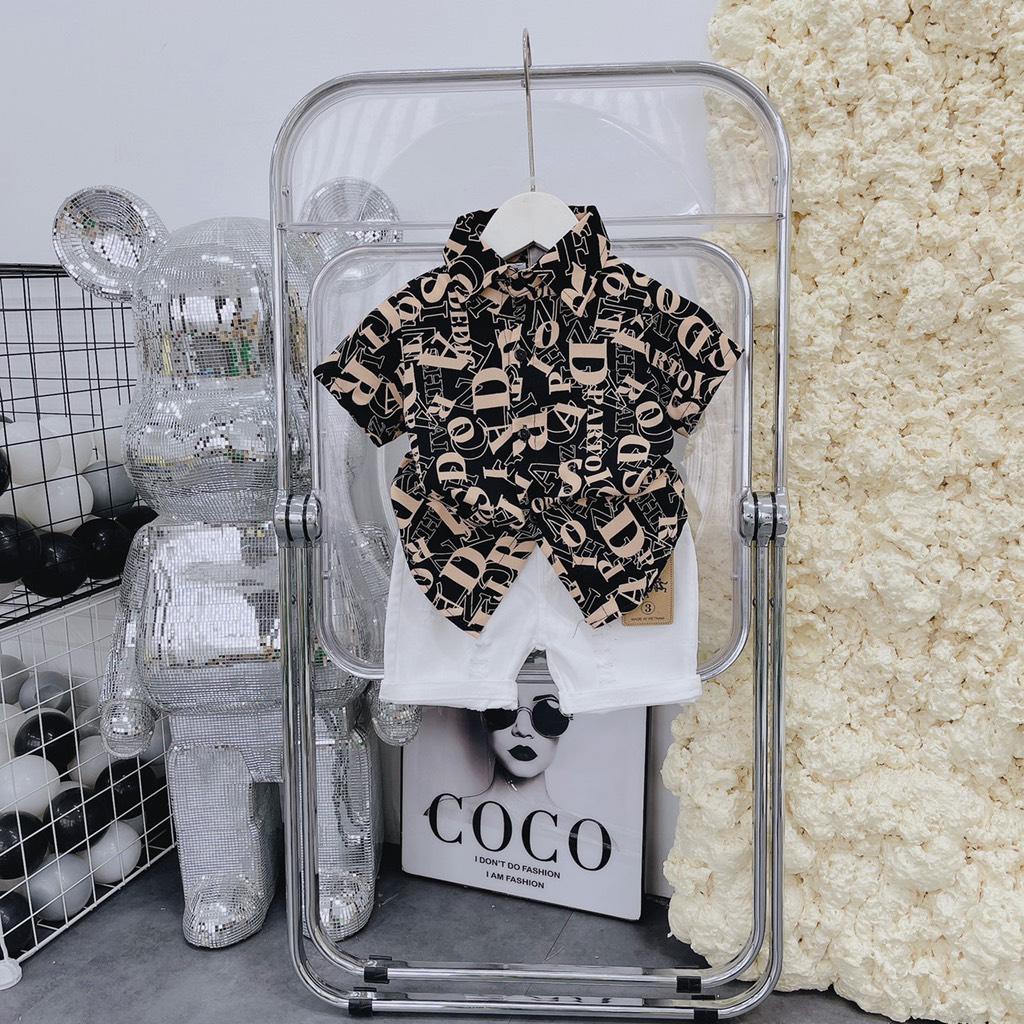 Set sơmi lụa ngắn phối quần kaki sang chảnh cho bé 10-20kg