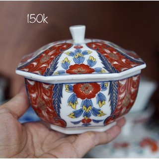Thố sứ có nắp hoạ tiết ngũ sắc - gốm sứ nhật bản