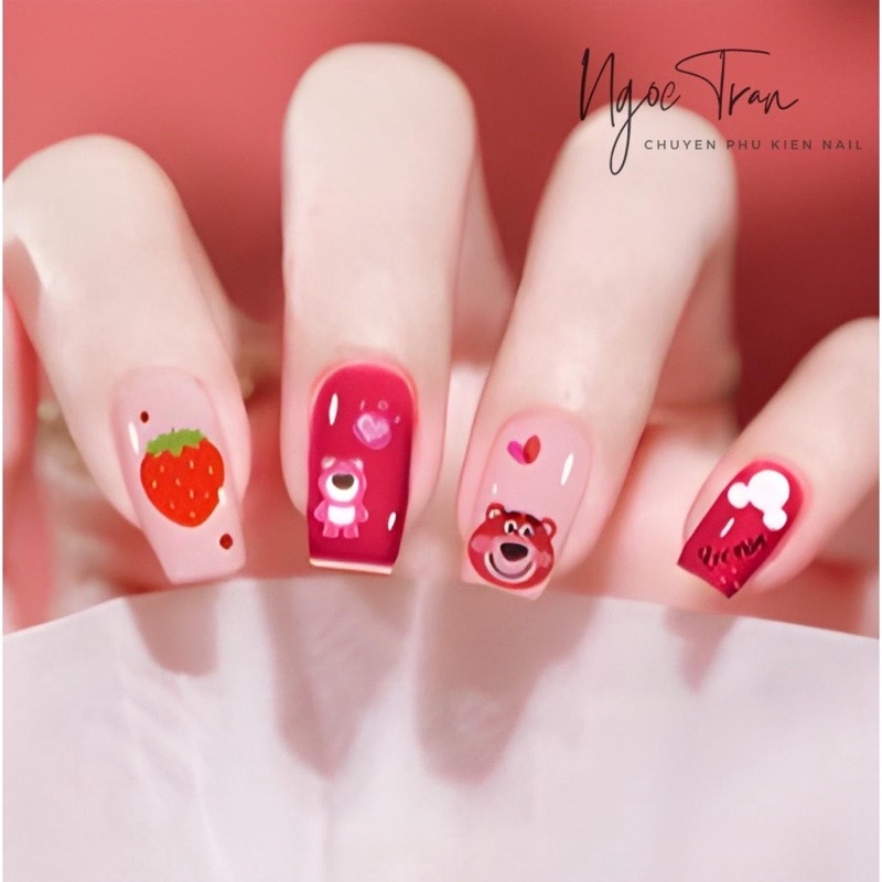 Sticker dán móng tay nail Gấu dâu và Thỏ hình thú dễ thương