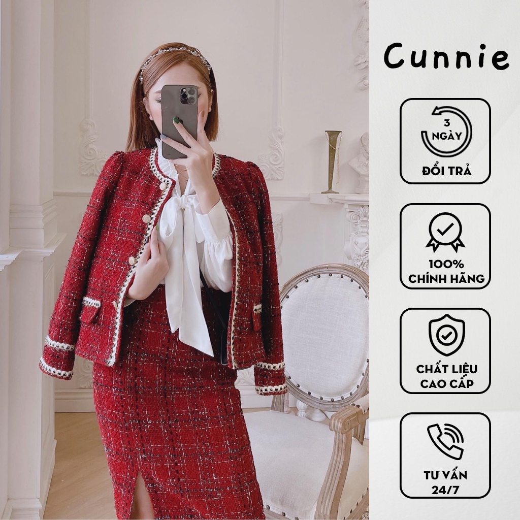 Set dạ đỏ cổ tròn viền trắng V355 V356 V357 Cunnie, áo kết hợp chân váy dài xẻ tà hoặc chân váy ngắn