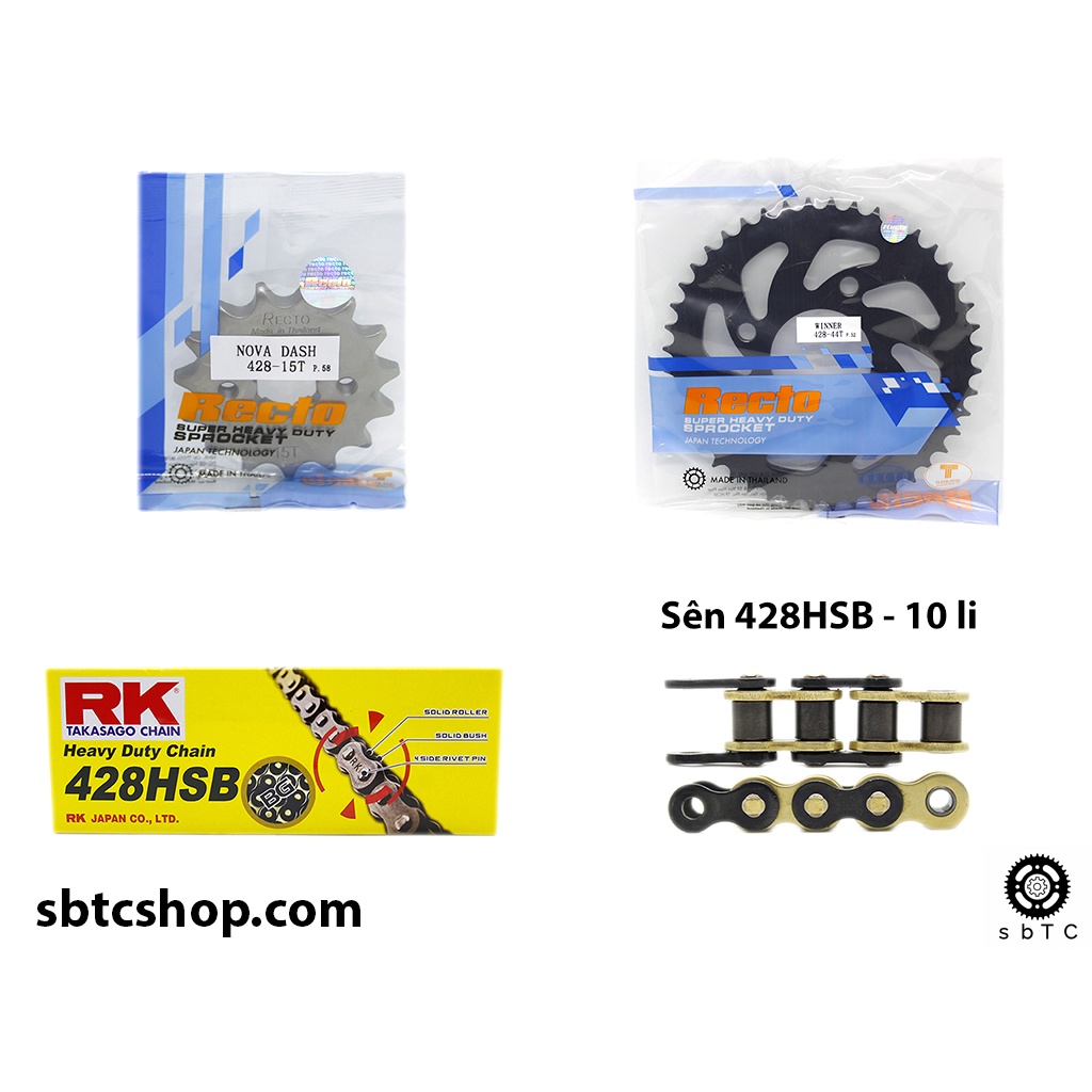 NSD Nhông dĩa RECTO sên RK đen vàng 428HSB Honda Winner Sonic chính hãng