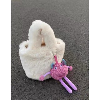  túi lông trắng mini xách đeo chéo khoác tay hồng kèm gấu bông 