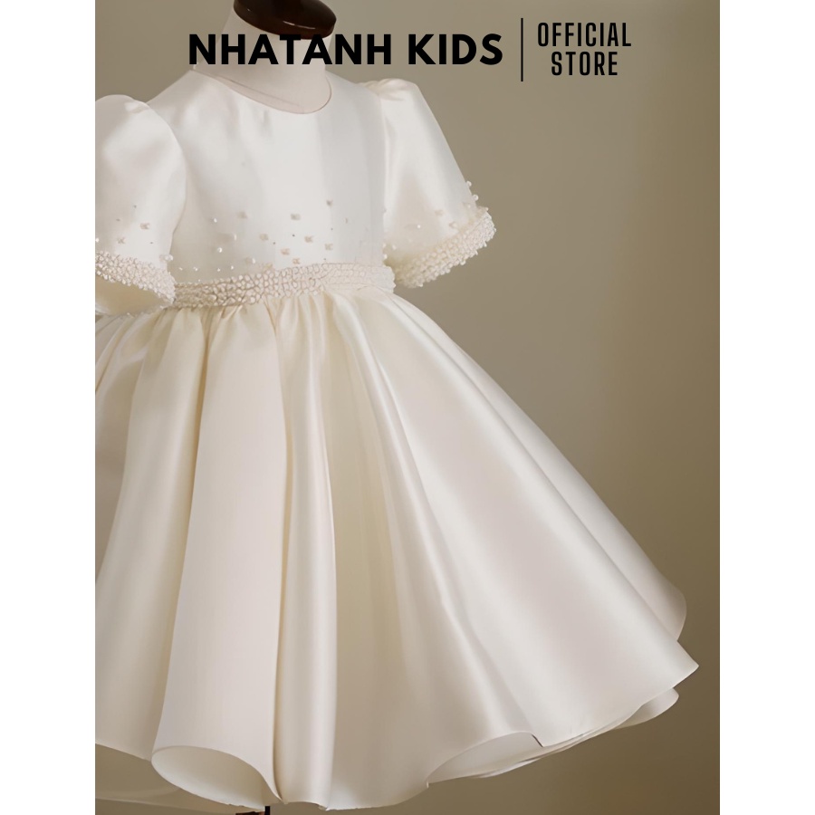 Đầm công chúa bé gái NHATANH KIDS tay viền ngọc màu trắng cho bé từ 0-12 tuổi NA19