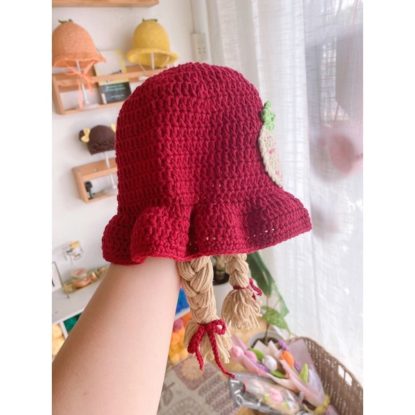 Mũ len bím tóc giả handmade  / len móc 🍓 xinh cho bé