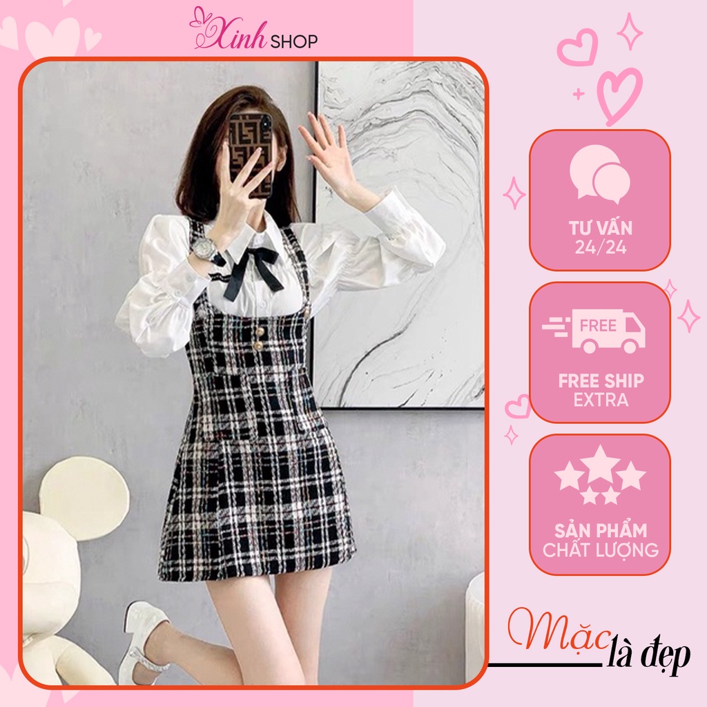 Set dạ yếm kẻ kèm áo sơ mi siêu xinh, váy dạ yếm phong cách hàn quốc