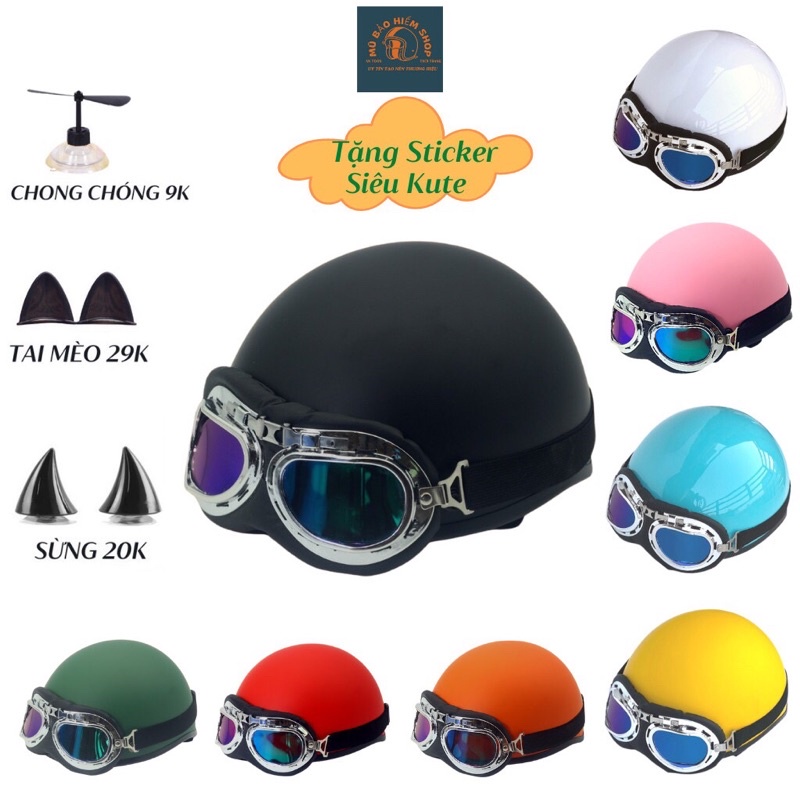 Mũ bảo hiểm nửa đầu trơn nhiều màu Free size cao cấp kèm kính, phụ kiện cho nam nữ