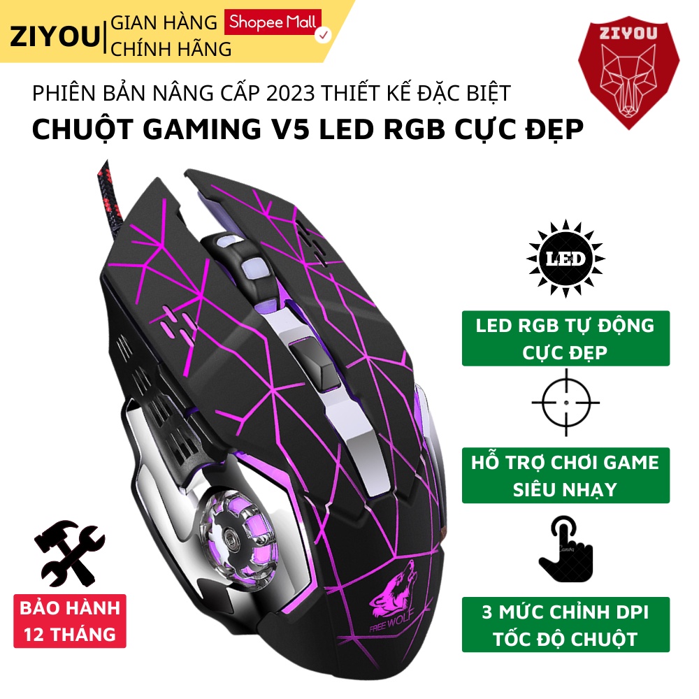 Chuột Máy Tính Có Dây Gaming ZIYOU V5 Có LED 7 Màu Rực Rỡ Dành Cho Game Thủ Tương Thích Với Máy Tính,PC,Laptop
