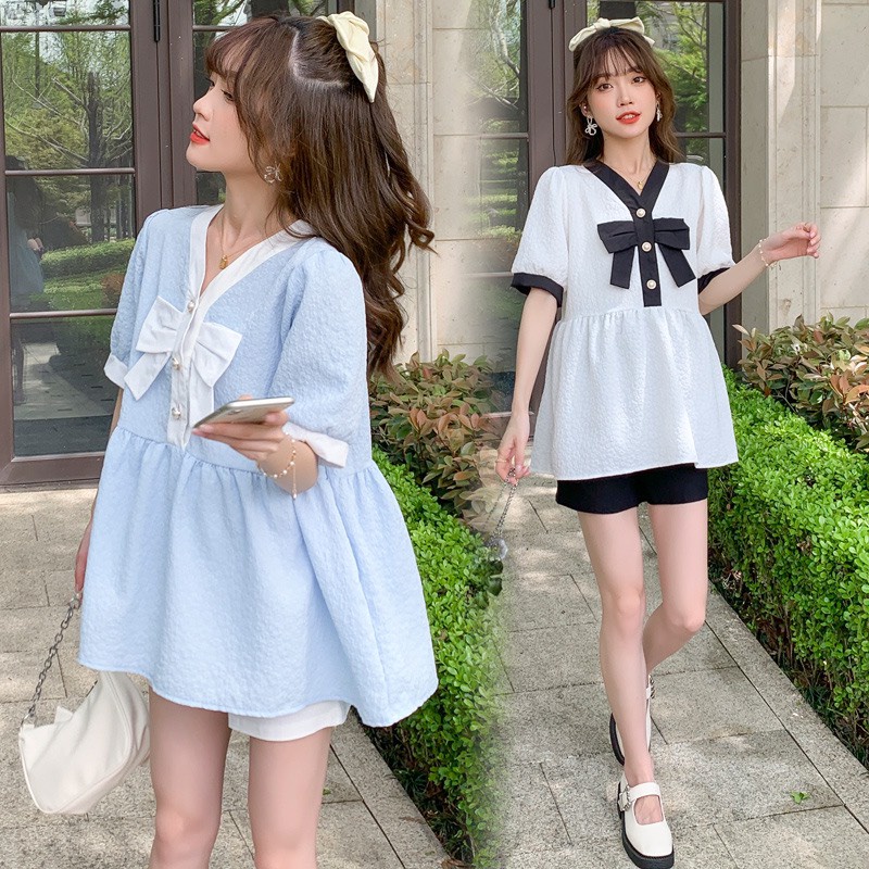 Áo bầu tay cộc chất xốp đẹp, dáng babydoll mềm mại thiết kế cổ nơ xinh xắn cho mẹ bầu mặc đi làm đi chơi A29