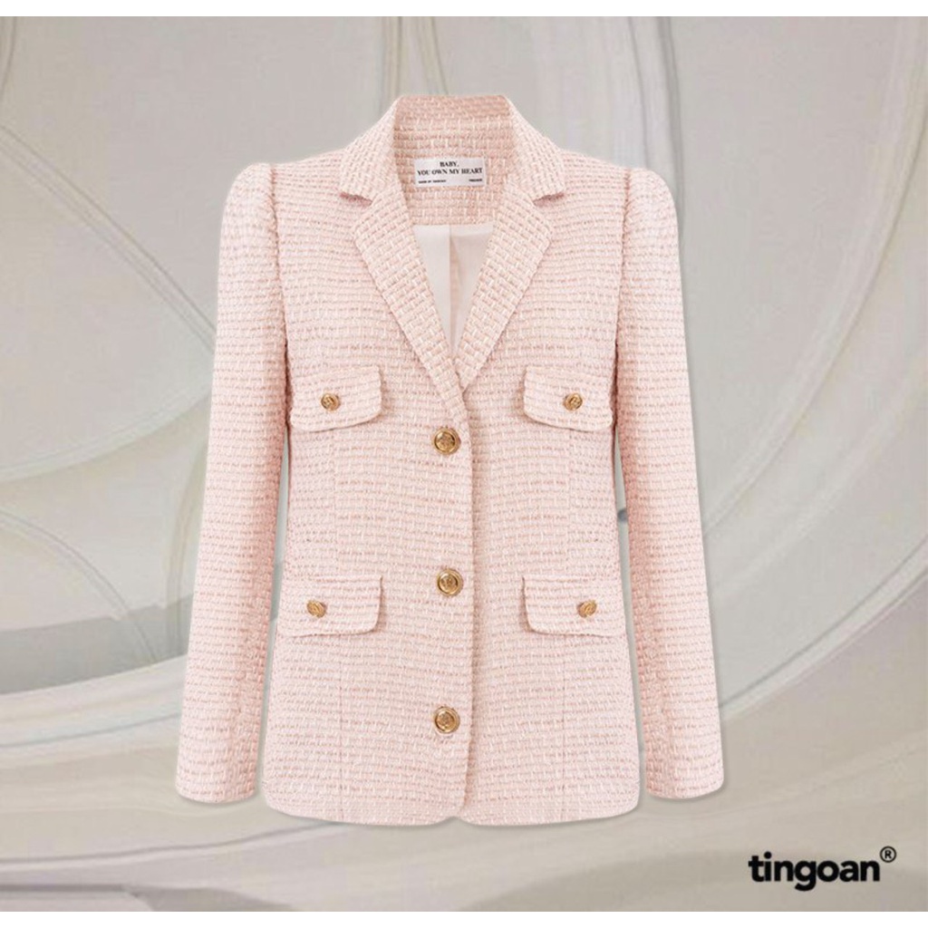 • Áo khoác tweed blazer freesize TWEED đính cúc lấp lánh dáng dài 2 lớp hồng tingoan CHERRY CHAMPAGNE BLAZER/PK