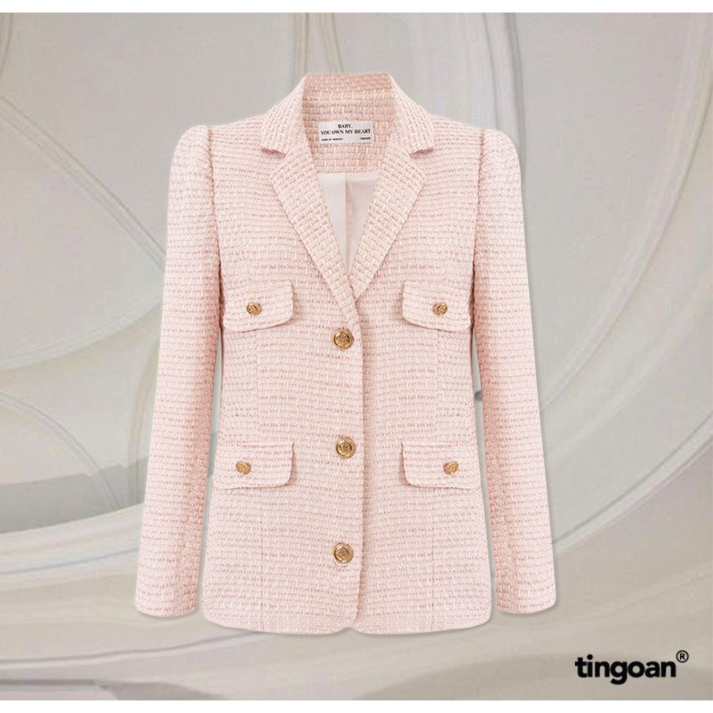 TINGOAN® - Áo khoác tweed blazer freesize TWEED đính cúc lấp lánh dáng dài 2 lớp hồng CHERRY CHAMPAGNE BLAZER/PK