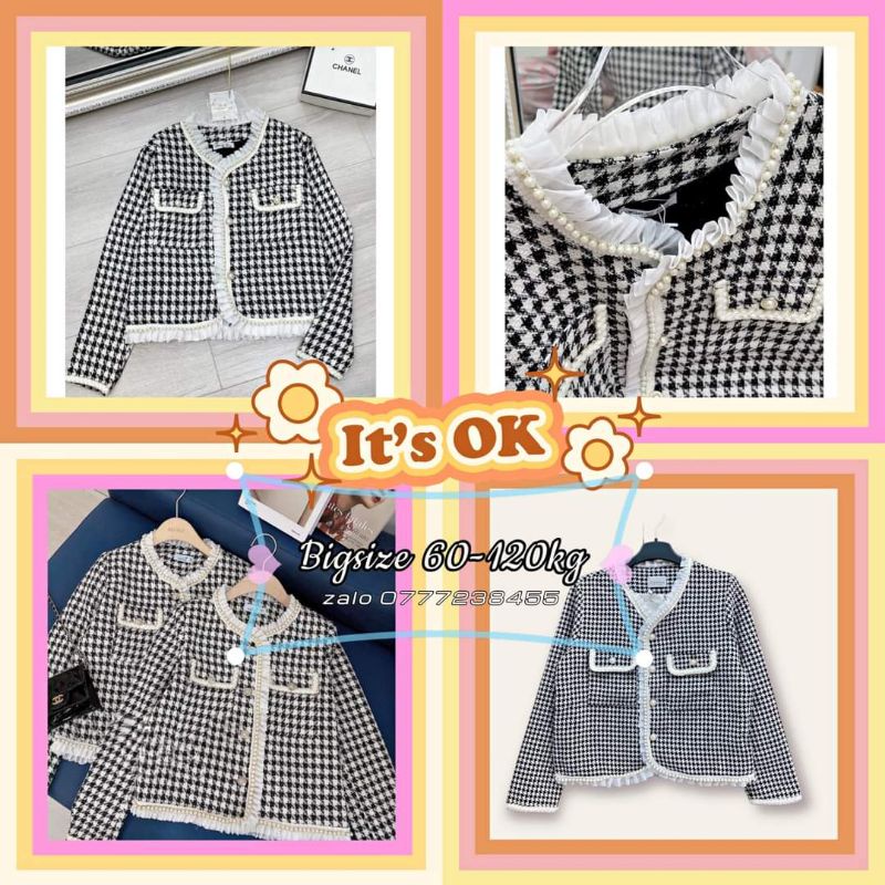 Áo khoác dạ kẻ ziczac viền ngọc xếp bèo trắng bigsize 60-90kg