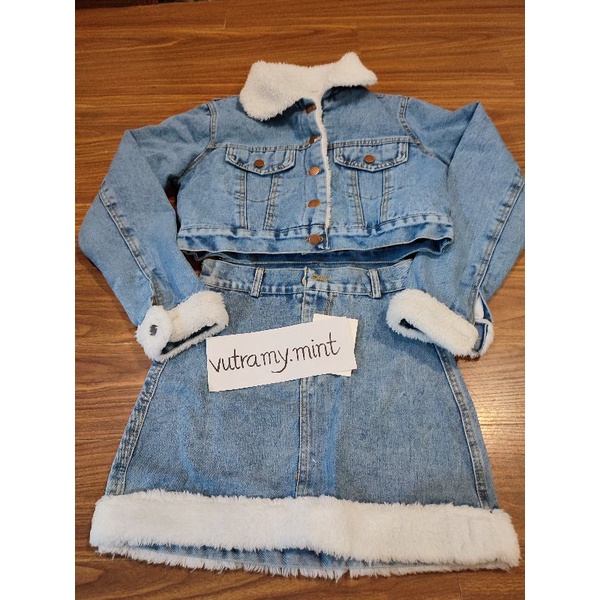 VIDEO-ẢNH THẬT Set Áo Khoác và Chân Váy Jeans Chần Bông