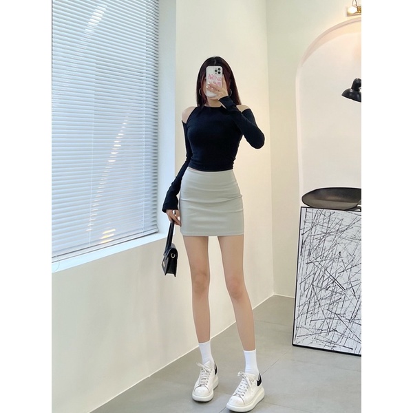 Áo Khoét Vai Tay Dài Thun Gân Dáng Ngang Rốn