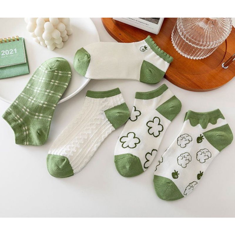 Set 5 đôi tất vớ phối màu trắng xanh cổ ngắn hoạ tiết nhiều kiểu cực xinh hàng đẹp giá rẽ mẫu mới bán chạy