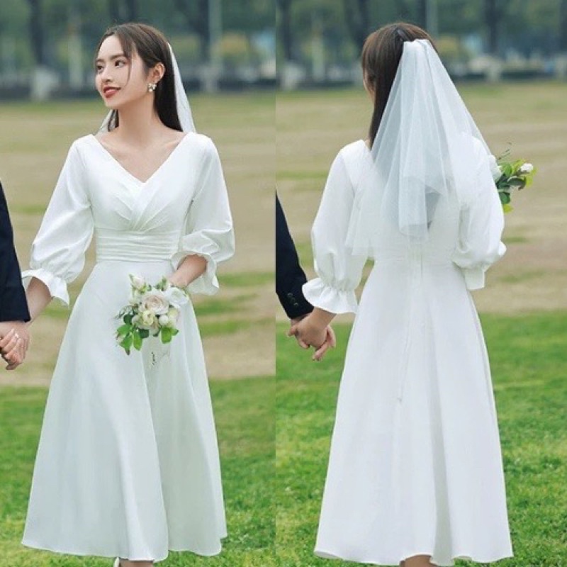 Váy trắng dự tiệc dáng dài thiết kế chính hãng, đầm cô dâu cổ V tinh tế_Deloga