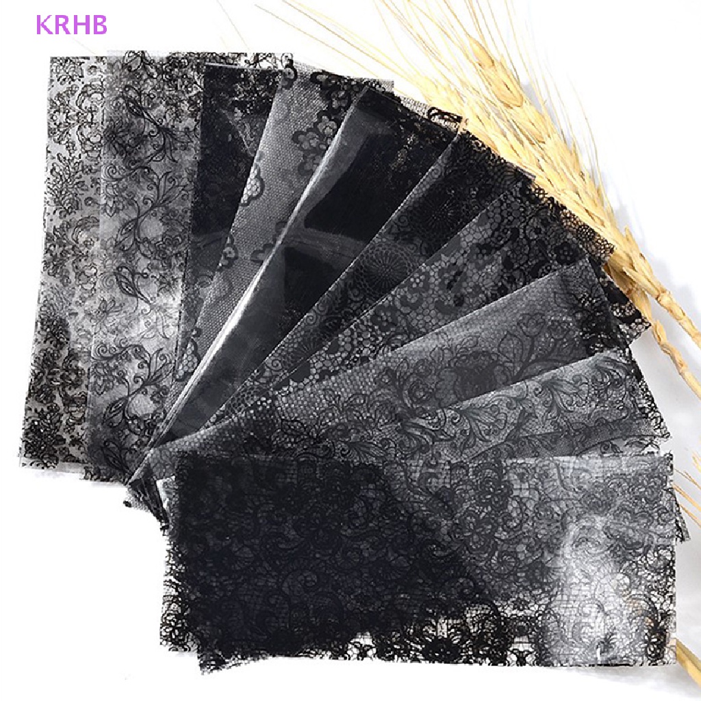 Set 10 Miếng Dán Trang Trí Móng Tay Nghệ Thuật Họa Tiết Ren Hoa Màu Đen Mới