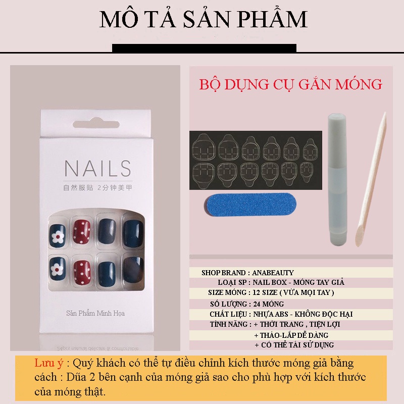 Móng giả đính đá Anabeauty, Móng tay giả kèm keo nailbox đính nơ cá tính