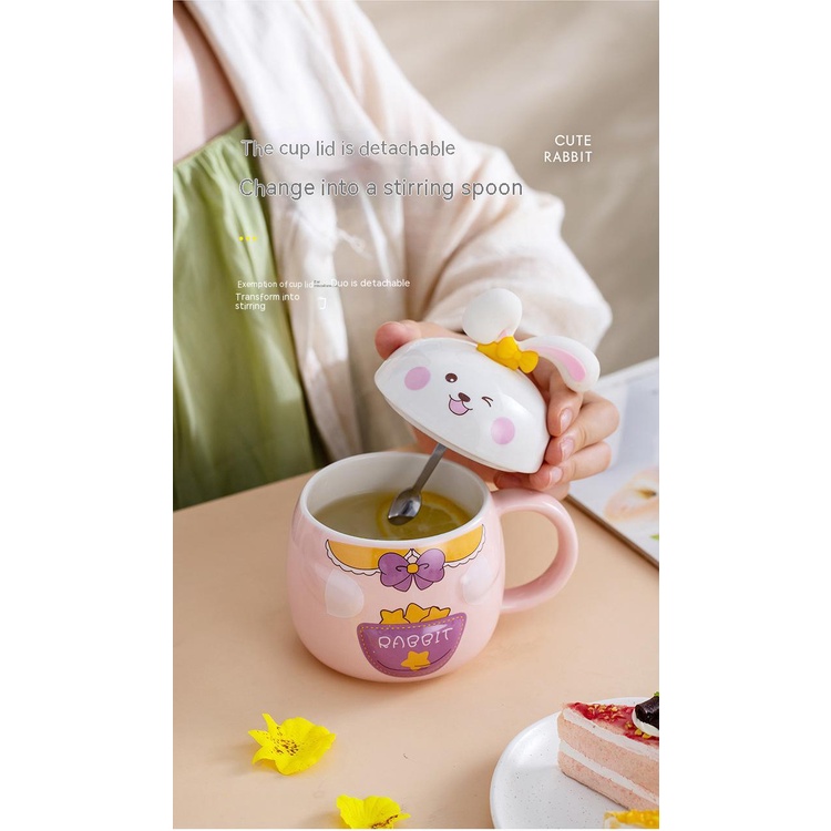 Cốc Sứ Hình Thỏ Dập Nổi Dễ Thương Có Nắp Đậy Và Muỗng