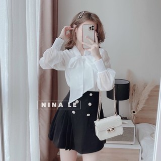 HV - Áo sơ mi tơ  lụa cột nơ 2 khuy tay