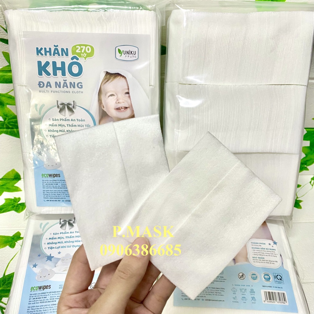 KHĂN LAU KHÔ ĐA NĂNG 270 TỜ không mùi dành cho bé YUNIKU