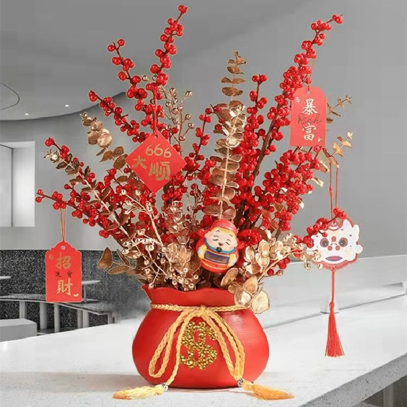 Bình hoa đào đông cắm sẵn hũ vàng tài lộc trang trí Tết mẫu mới 2023 Xuân Quý Mão