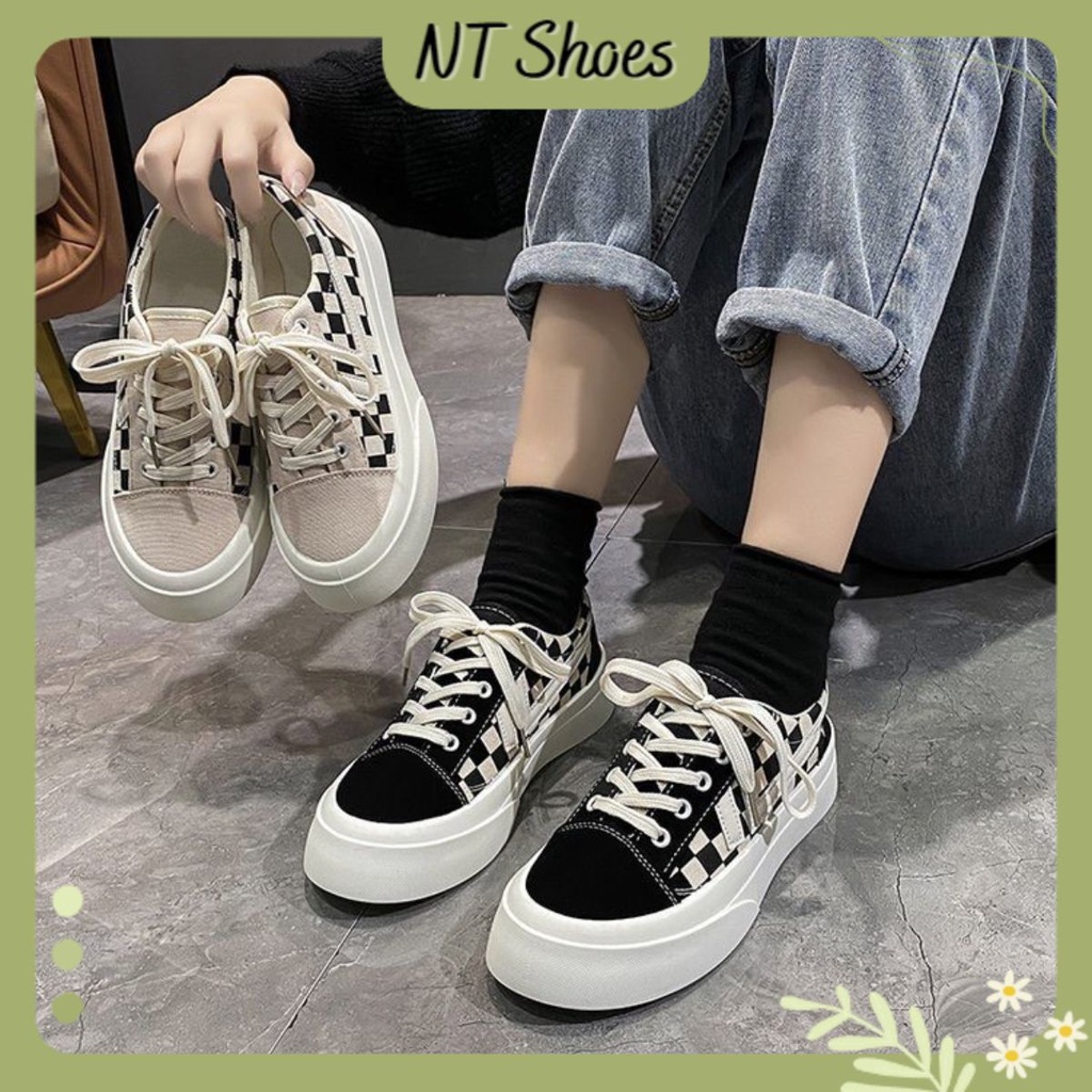 Giày sneaker thể thao nữ vải canvas cổ thấp kẻ sọc caro đế độn G05_NT Shoes