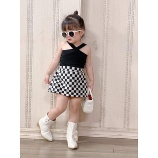 Set áo cổ chéo phối cv dạ cho bé gái