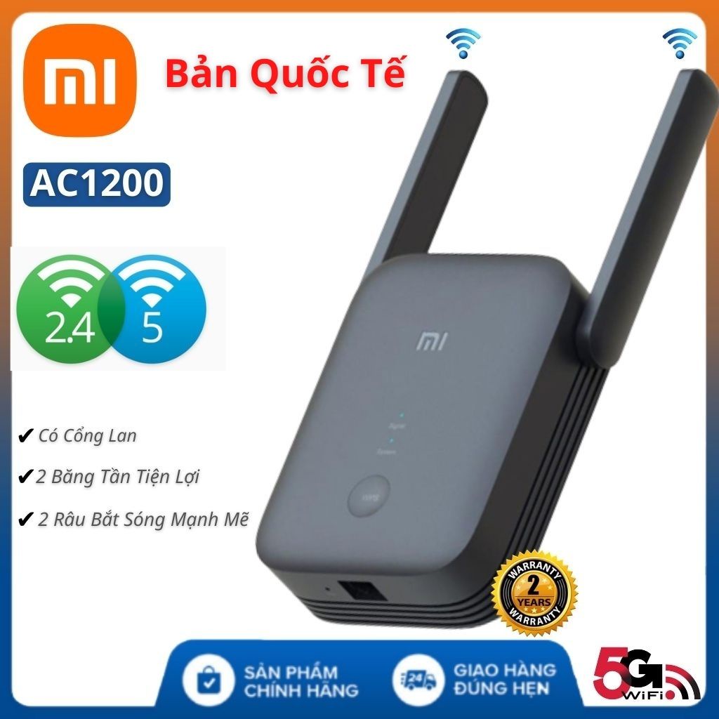 Kích sóng WiFi 5G Xiaomi Extender AC1200 2023 hỗ trợ 2 băng tần 5Ghz tốc độ mạng 1200Mbps sóng siêu khoẻ bảo hành 2 năm