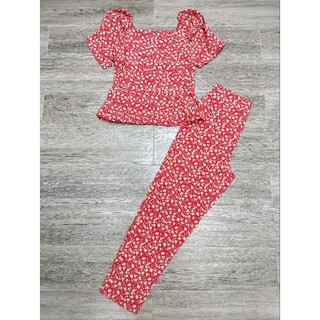 Set bộ hoa nhí xếp li cổ vuông tay phồng xếp li tay quần ống suông bigsize 40-72kg