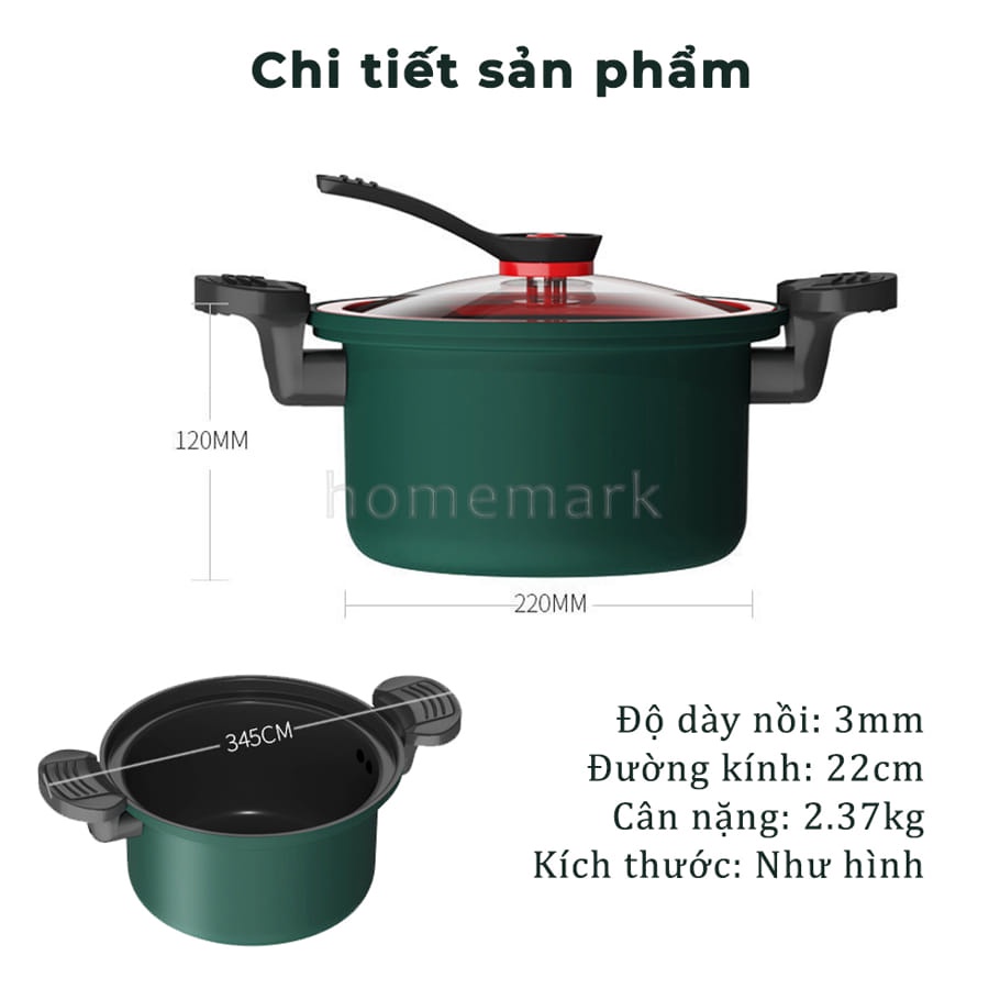 Nồi Áp Suất Chống Dính Dung Tích 3.5 Lít, Nồi Áp Suất 22cm Chế Biến Mọi Món Ăn, Nấu Trên Bếp Gas, Bếp Từ