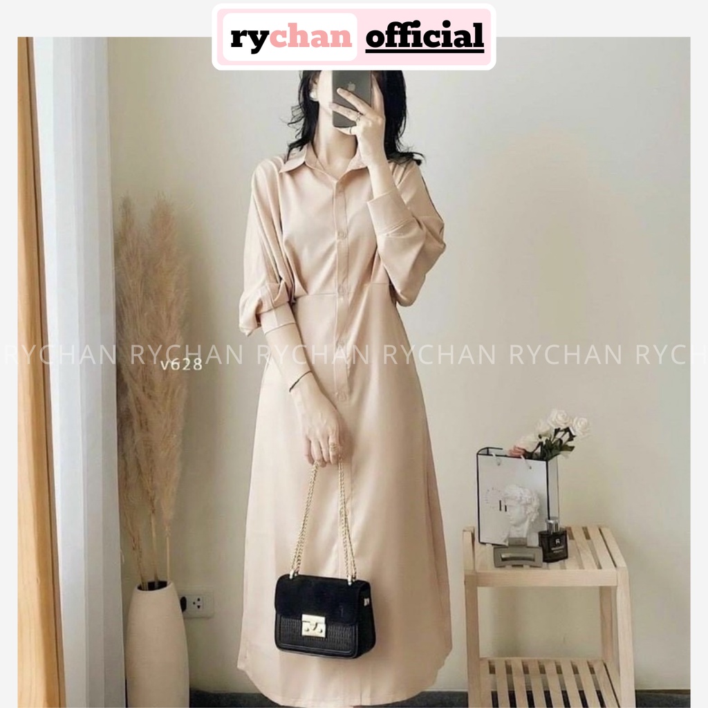 Đầm Sơ Mi Tay Lỡ Tà Tròn Basic Cột Dây Eo Thanh Lịch, Đầm Công Sở Midi Xòe Kín Đáo Màu Kem - DX341