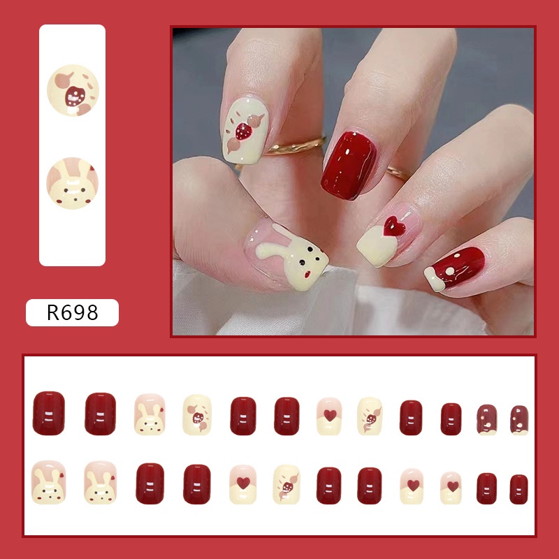 Bộ 24 Móng Tay Giả Hình Thỏ Màu Đỏ / Trắng Sữa Dễ Thương R698
