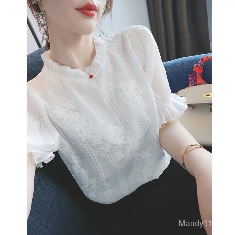 Áo Sơ Mi Chiffon Tay Dài Phồng Viền Ren Thêu Họa Tiết Thời Trang Mùa Hè Hàng Mới 2023 Dành Cho Bạn Nữ