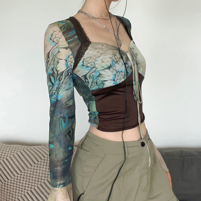 Weird Puss Áo thun dài tay nhuộm màu phong cách retro thời trang cho nữ