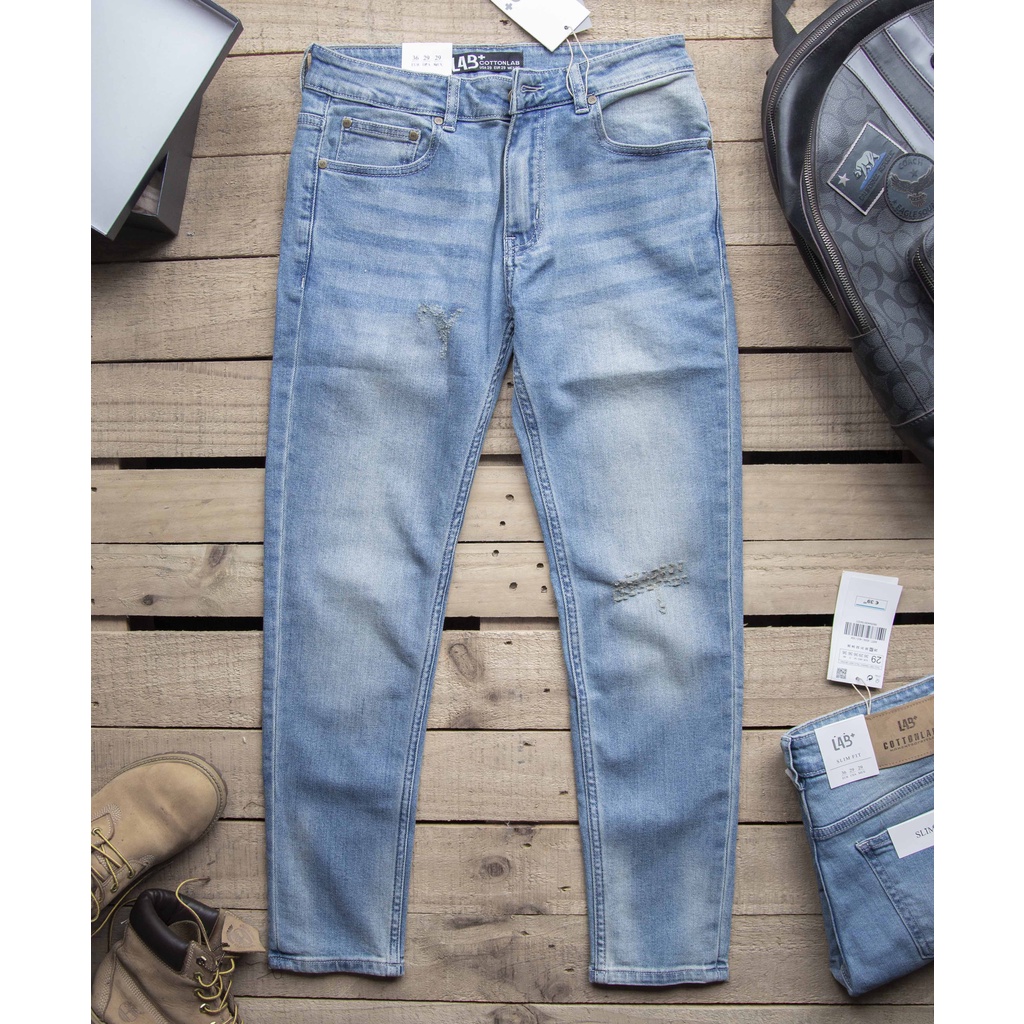 Quần Jean nam LAB+ COTTONLAB quần bò màu xanh nhạt cao cấp vải denim co giãn from slimfit - LAB221120