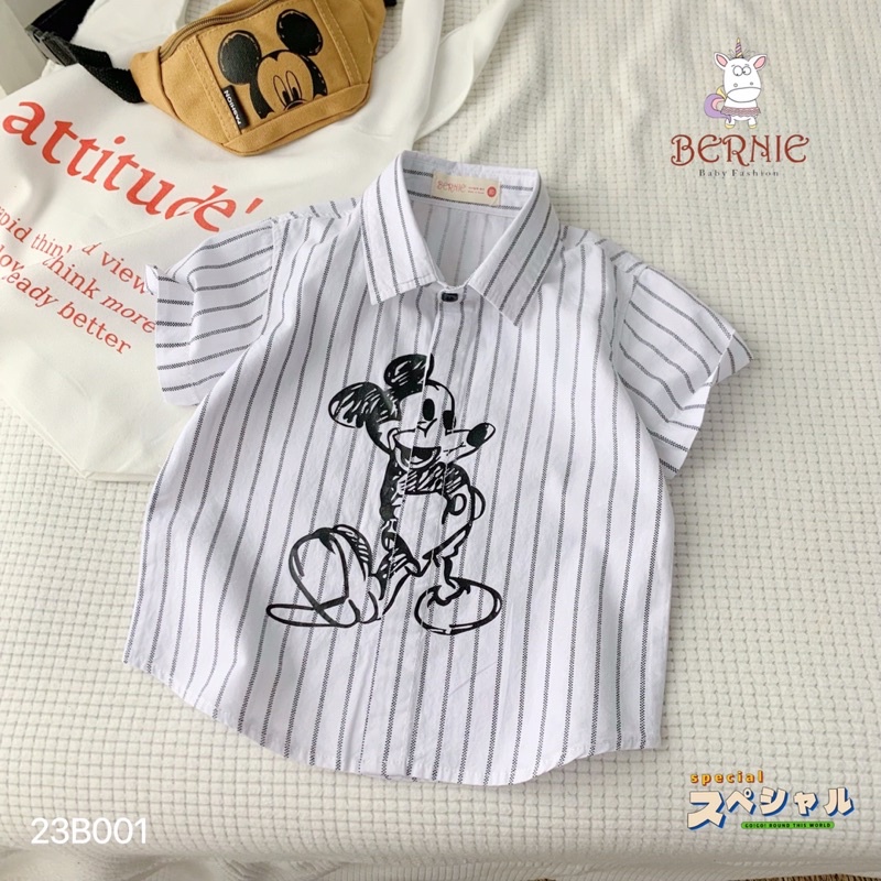Bộ sơmi bé trai Bernie kẻ hoạ tiết Micky chất thô cho bé từ 8-22kg-23B001