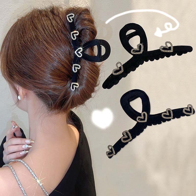 Kẹp Tóc Nhung Đen Đính Đá Hình Trái Tim Phong Cách Hàn Quốc Cho Nữ