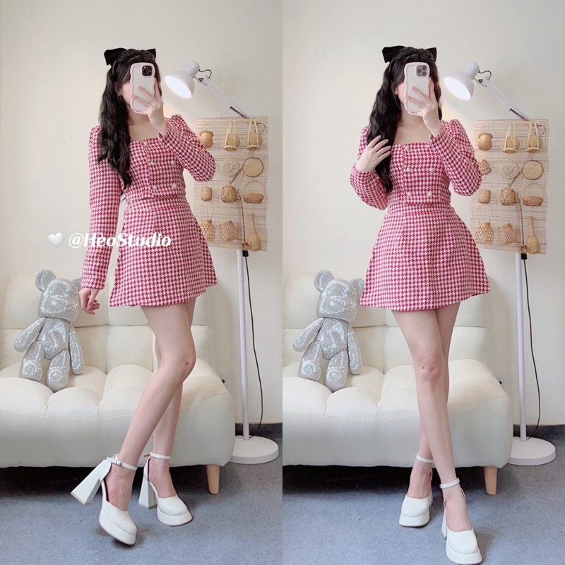 (Ảnh thật + video) Set Dạ Tweed Kẻ Đỏ Áo Cổ Vuông + Chân Váy