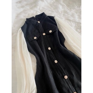 đầm dạ tweed dọc cúc phối tay sơ mi V2771 Aholic