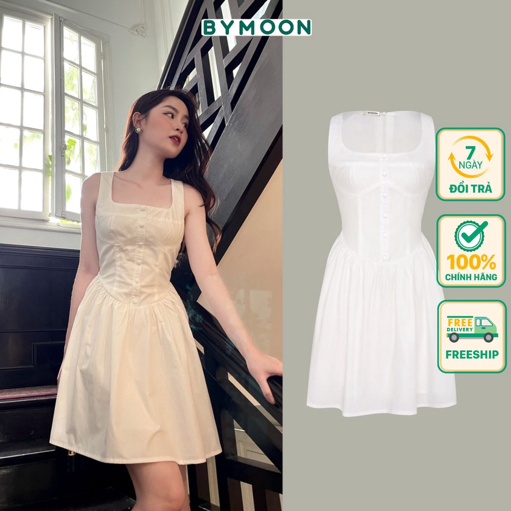 Váy hai dây bản to cổ vuông trắng tiểu thư dáng dài trên đầu gối chất thô hàn mát thoải mái V010 thiết kế BYMOON