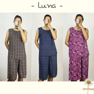 Đồ bộ trung niên mặc nhà cho mẹ, cho bà, cho người già vải tole lanh thoáng mát quần lửng áo sát nách LUNA