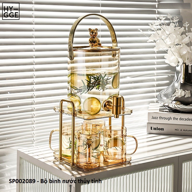 Bộ bình nước thủy tinh có quai, vòi inox kèm cốc