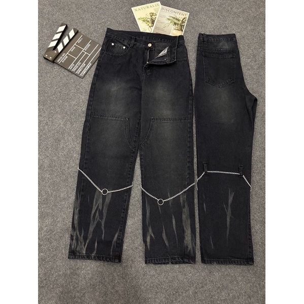 Quần Jeans Ống Rộng Thêu Nhuộm kèm Phụ Kiện Ảnh Thật