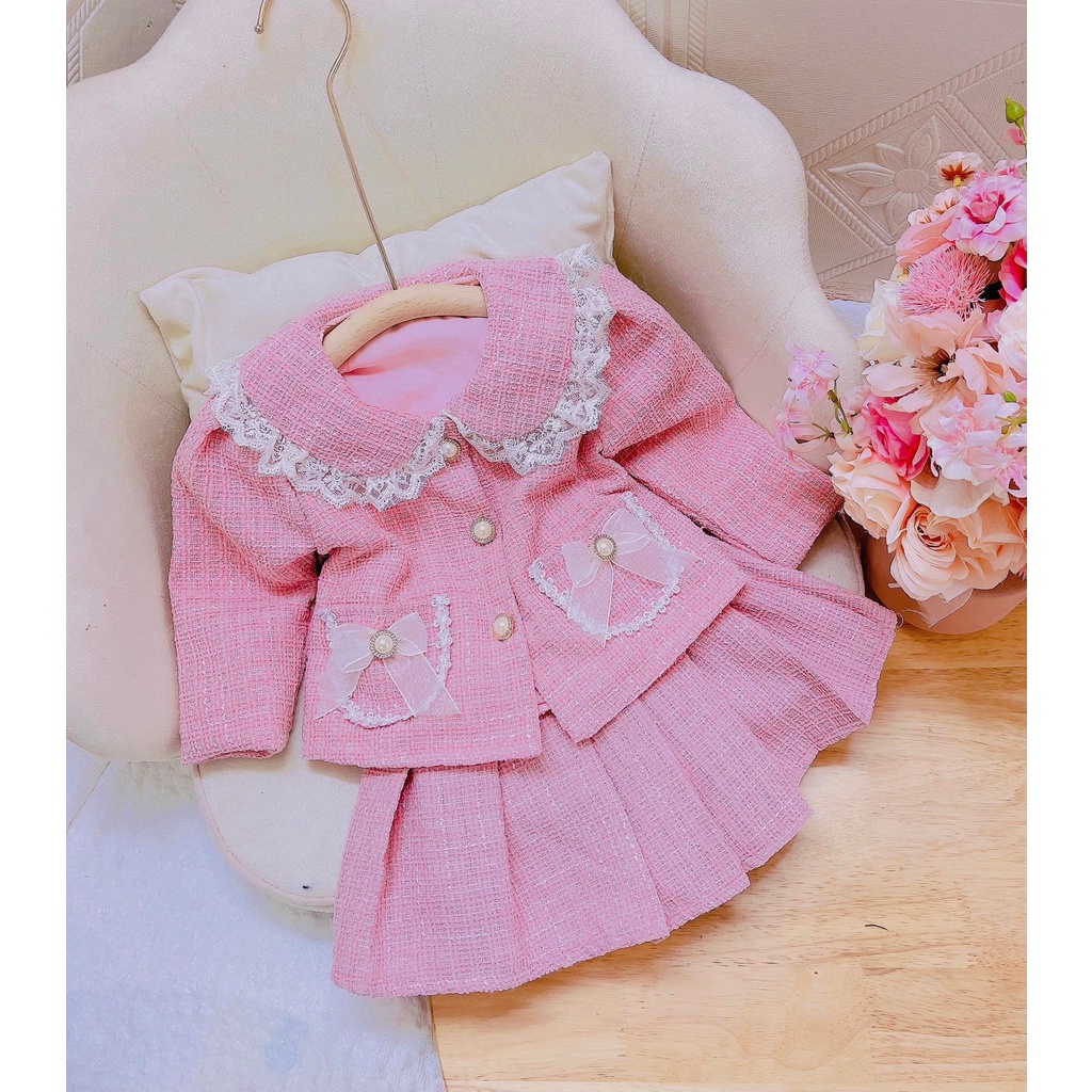 Sét váy dạ hồng cổ sen túi 2 nơ 6-13 kg