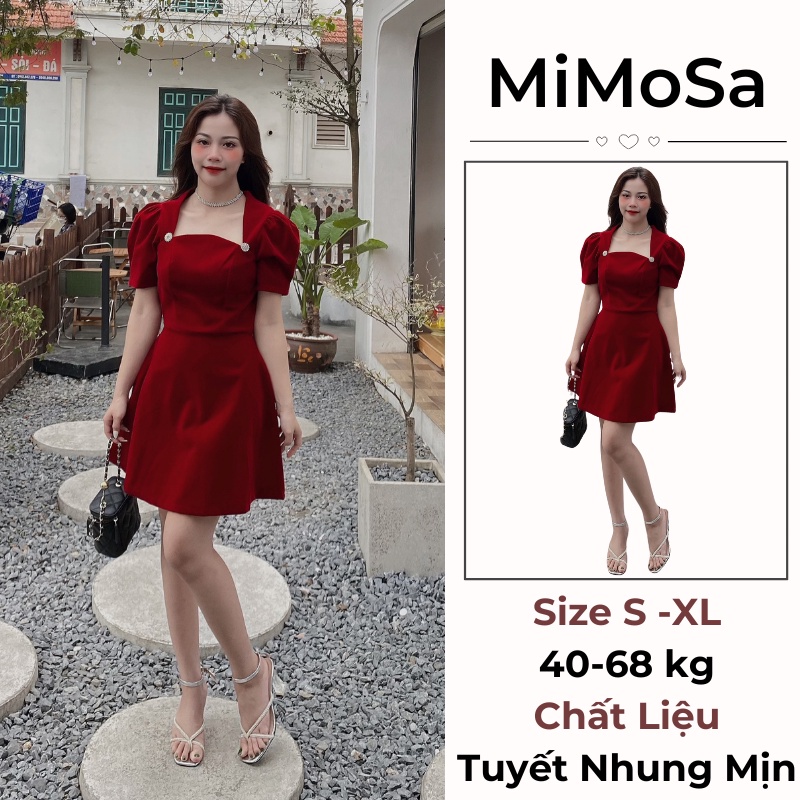 Váy Đỏ Nhung Cao Cấp Mimosa, Đầm Nữ Bigsize Dự Tiệc Thiết Kế Cổ Vuông Đính Đá Thanh Lịch, Sang Trọng