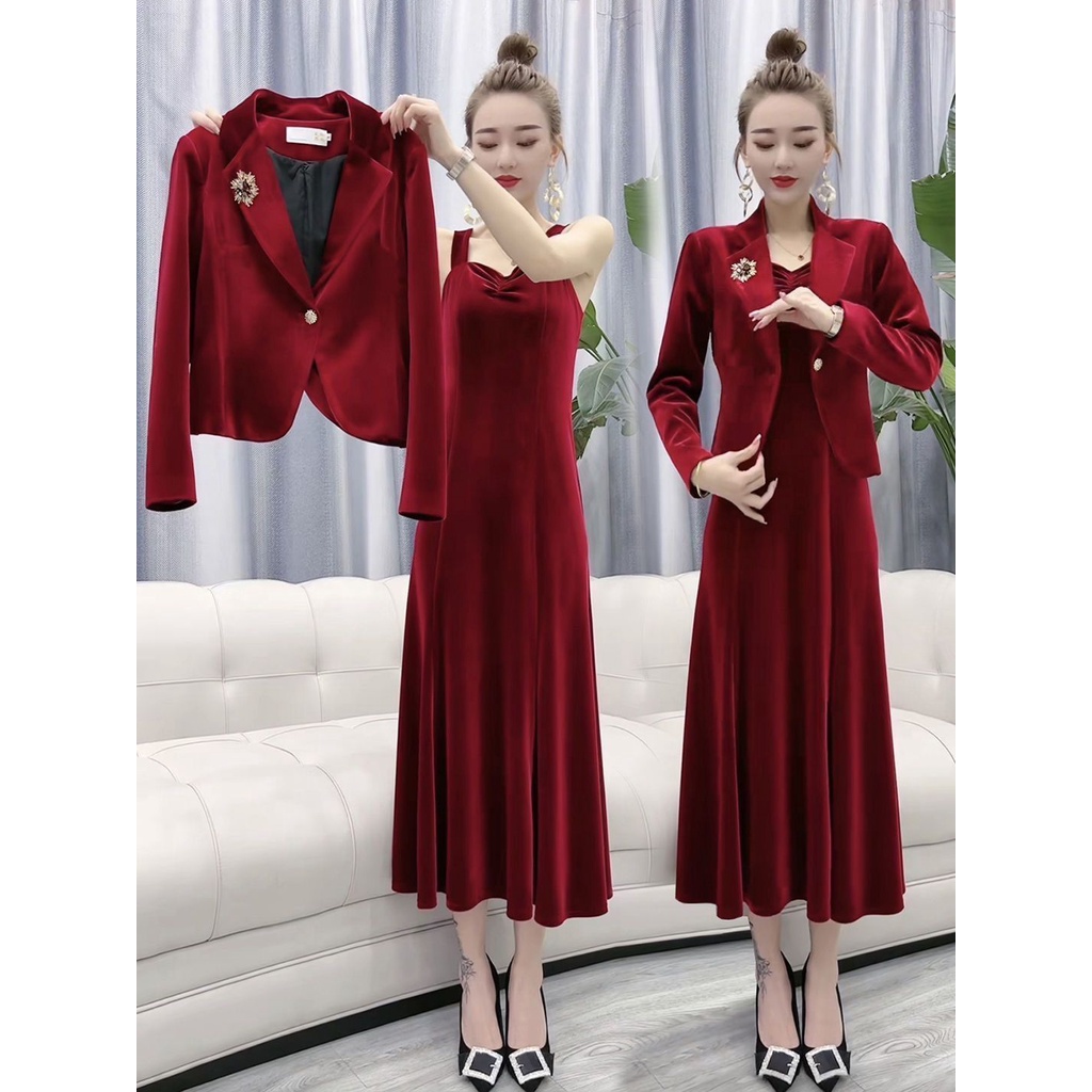 áo khoác nữ form rộng dày hàn quốc Set Áo Khoác Tay Dài Và Váy Yếm Chất Liệu Nhung Cao Cấp Thời Trang Thu Đông Cho Nữ