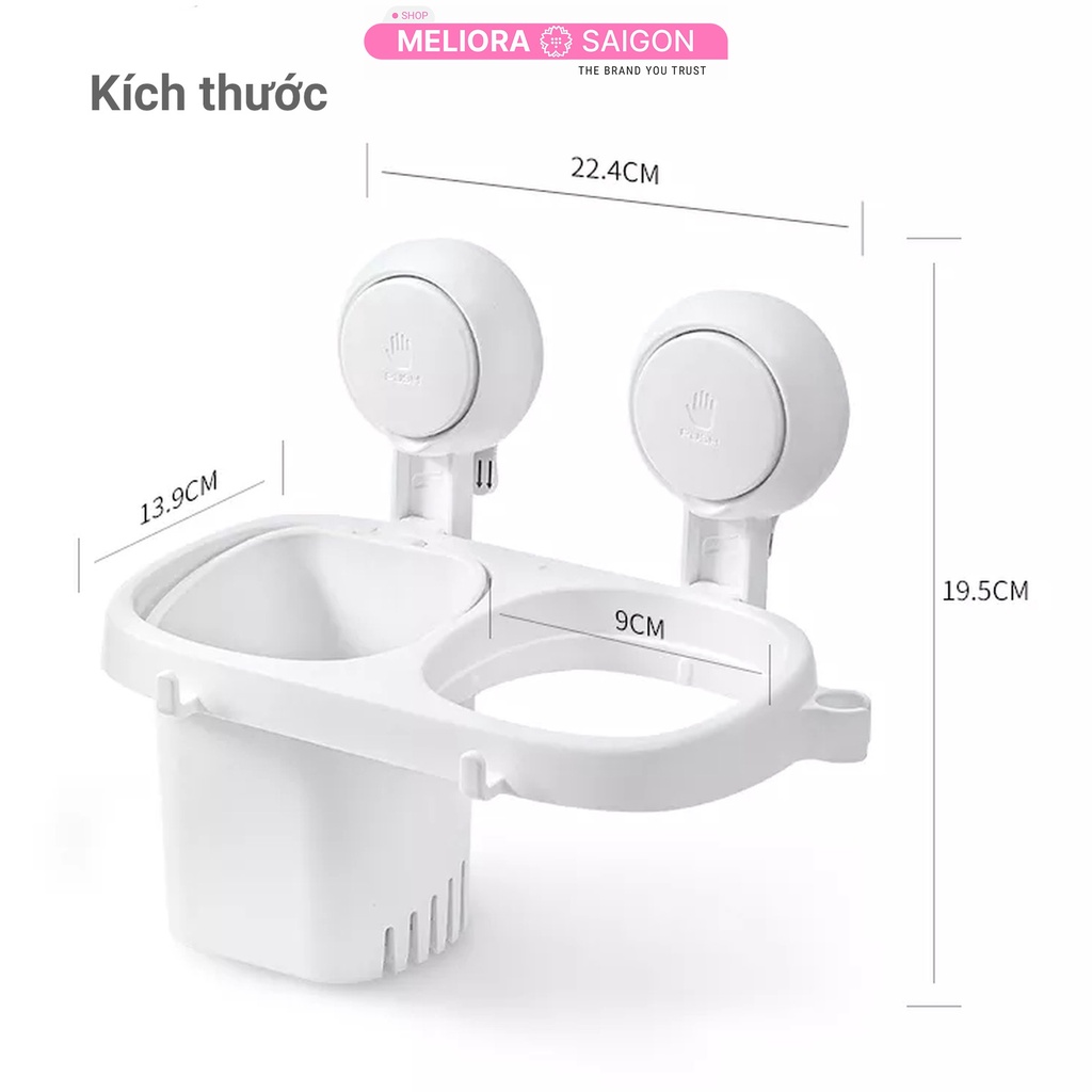 Giá đỡ máy sấy tóc có kệ đựng bàn chải đánh răng cao cấp MELIORA tải 10kg chống nước treo tường hút chân không SG597