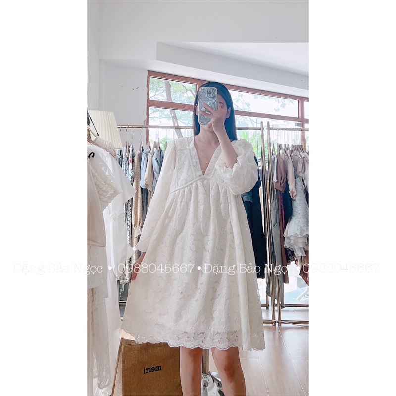 Váy ren babydoll - Váy suông rộng hoa nổi