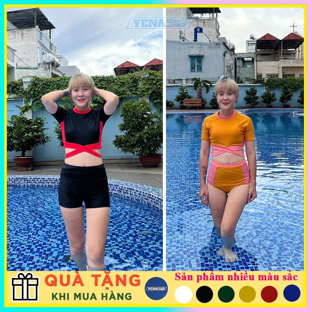 Bikini 2 mảnh phối màu đắp chéo bụng siêu xinh, kèm thắt nơ lưng xinh xắn quần đùi cạp cao che mỡ bụng QP005