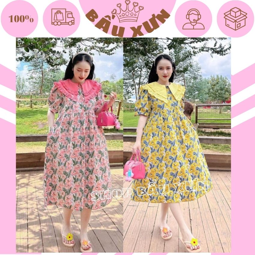 VÁY BẦU HOA TIỂU THƯ THIẾT KẾ CỔ BÈO XINH SẮN- ĐẦM BẦU CÔNG SỞ ĐIỆU ĐÀ DÁNG BABYDOLL THOẢI MÁI CHO MẸ BÂU